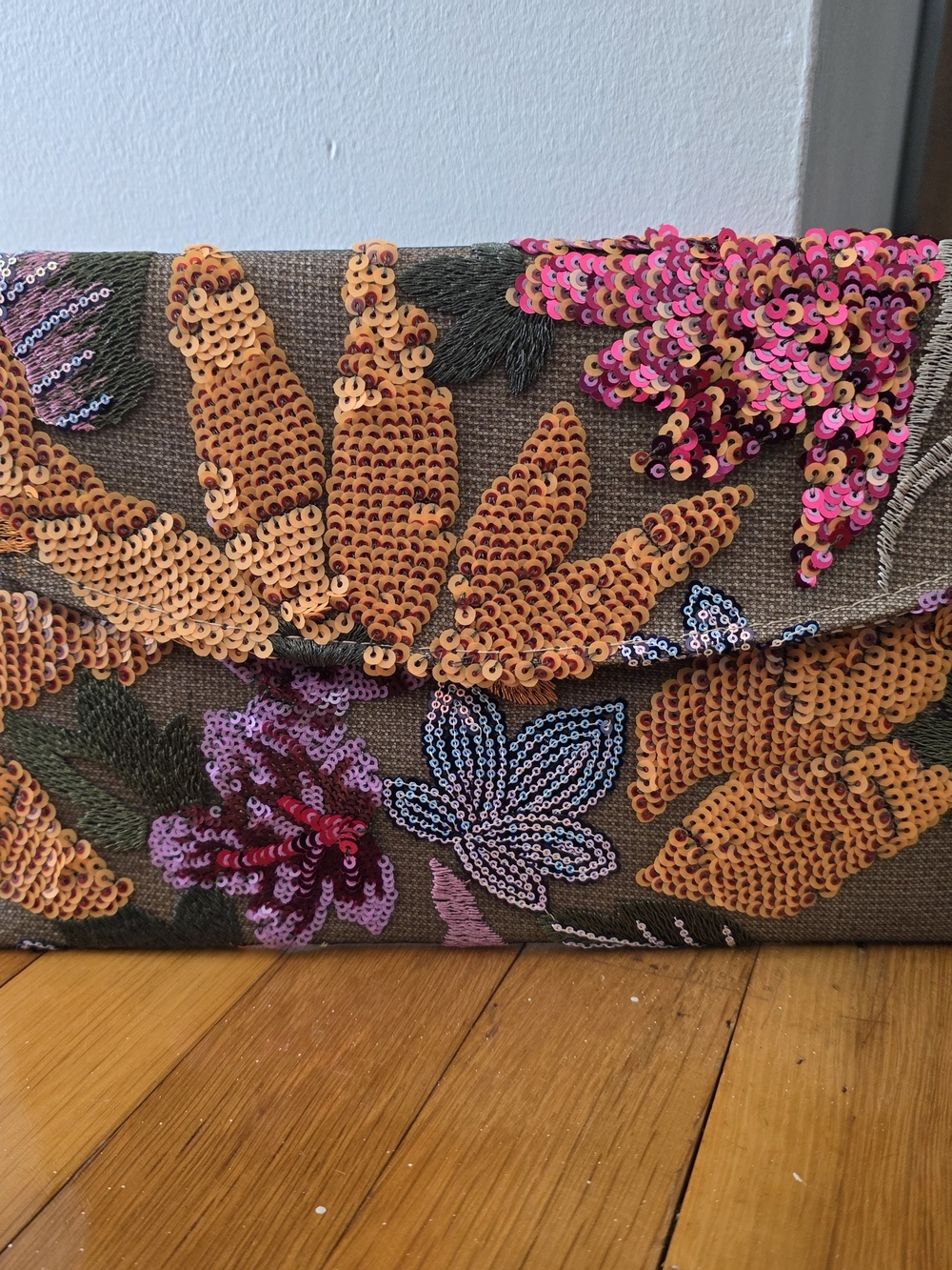Embroidered Floral Sequin Clutch - Yellow & Purple - Picture 2 of 8